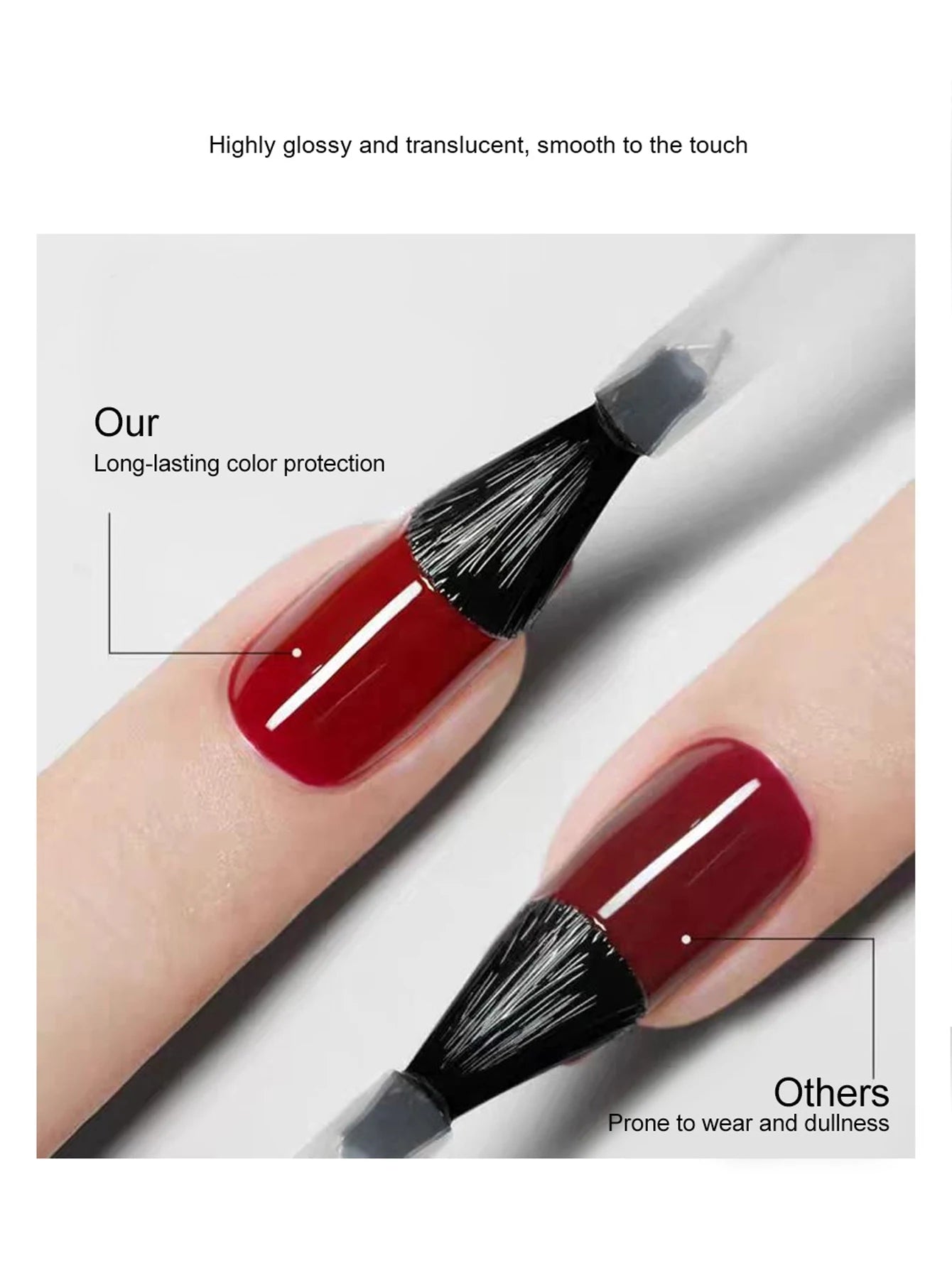 Nail polish brush applying red nail polish with text on glossiness and color protection.