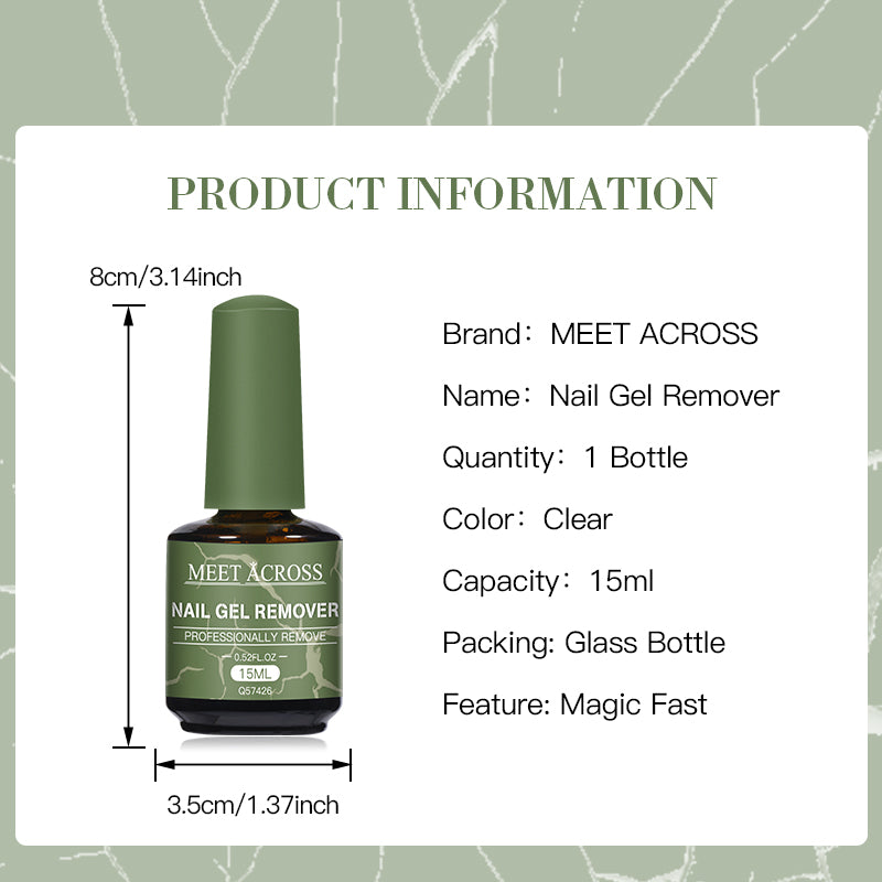 Nail gel remover bottle with product information on a green patterned background
