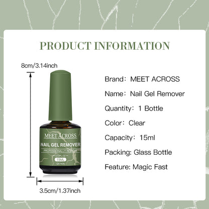 Nail gel remover bottle with product information on a green patterned background