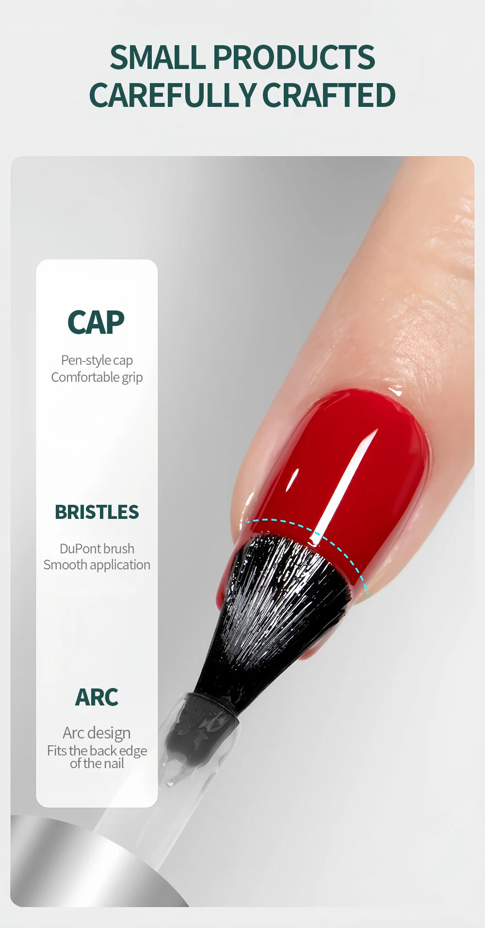 Nail brush with red nail polish and text describing features on a gray background