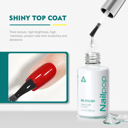 Nail polish bottle with red nail being painted, labeled 'Shiny Top Coat' on a white background.