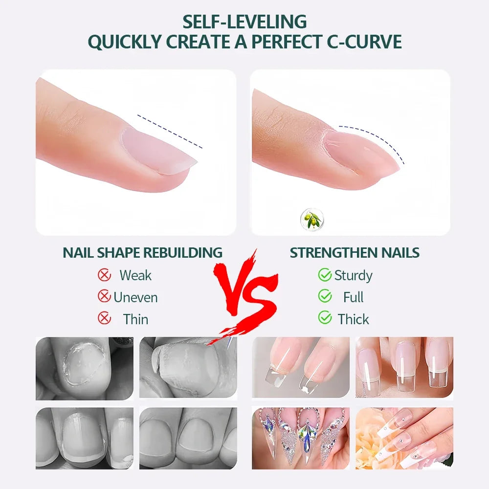 Comparison of nail shape rebuilding and strengthening with before and after images.