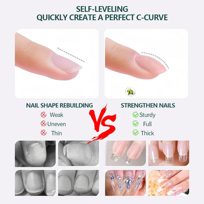 Comparison of nail shape rebuilding and strengthening with before and after images.