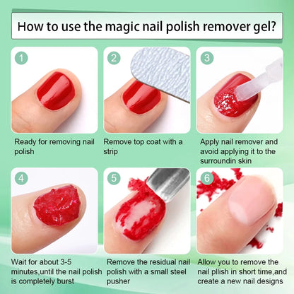 Step-by-step guide on how to use magic nail polish remover gel with images and text.