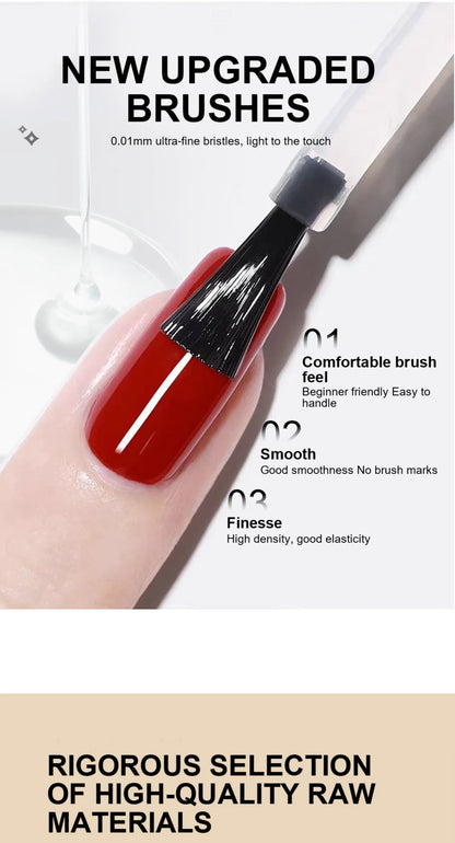 Nail art brush with red polish on a white background, featuring text about new upgraded brushes.