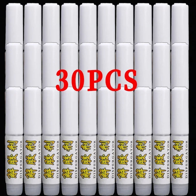 Multiple white markers with yellow text and a red '30PCS' label on a black background