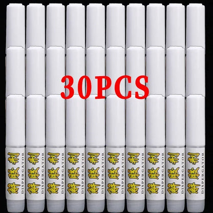 Multiple white markers with yellow text and a red '30PCS' label on a black background