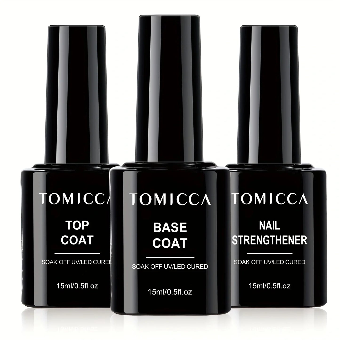 Three black Tomicca nail polish bottles labeled 'Top Coat', 'Base Coat', and 'Nail Strengthener' on a white background.