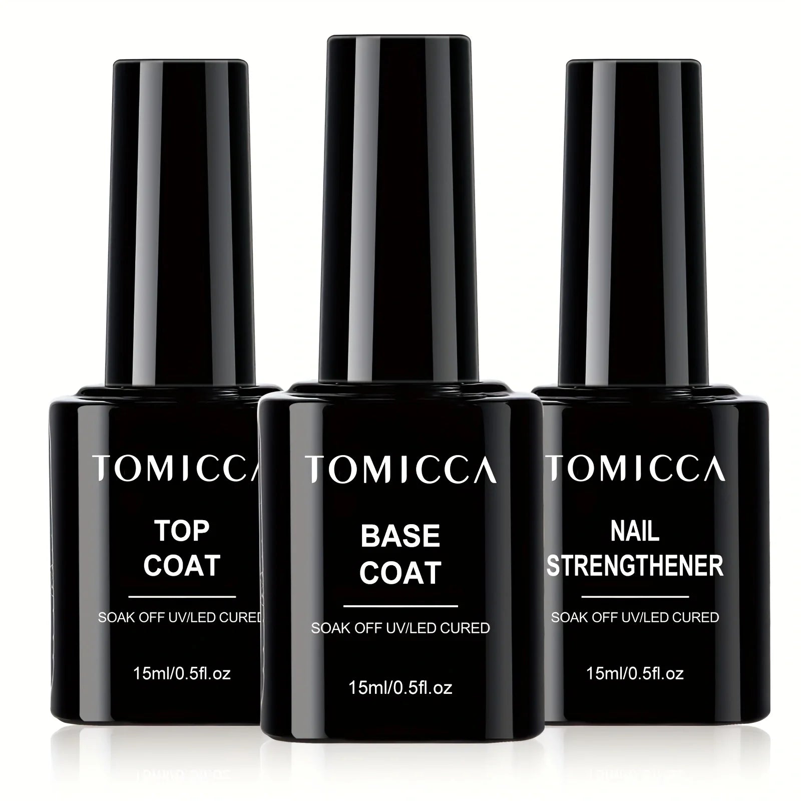 Three black Tomicca nail polish bottles labeled 'Top Coat', 'Base Coat', and 'Nail Strengthener' on a white background.