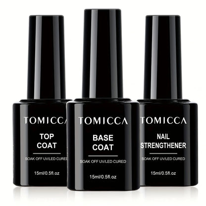 Three black Tomicca nail polish bottles labeled 'Top Coat', 'Base Coat', and 'Nail Strengthener' on a white background.