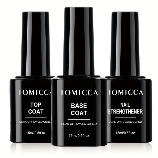 Three black Tomicca nail polish bottles labeled 'Top Coat', 'Base Coat', and 'Nail Strengthener' on a white background.