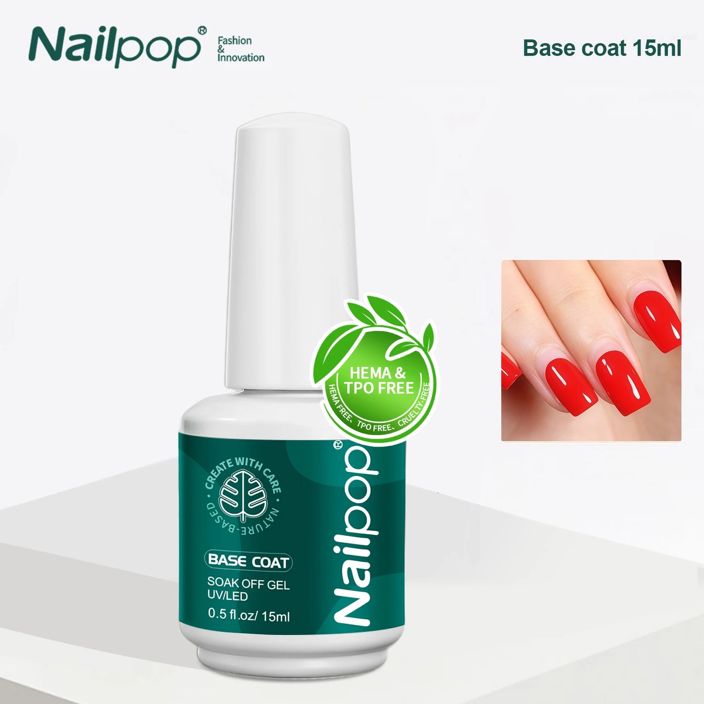 Nailpop base coat gel bottle with a green leaf logo on a white background