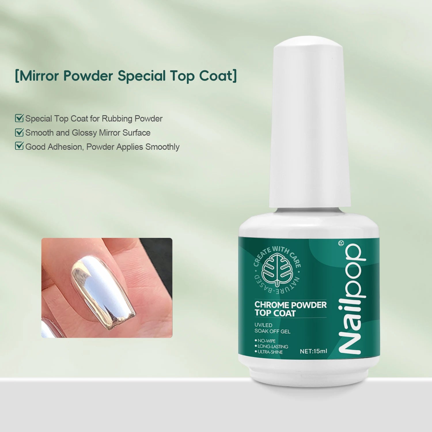 Nail pop chrome powder top coat bottle with green label on a light green background