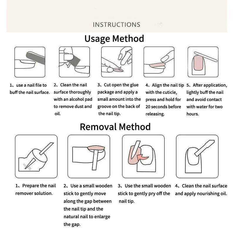 Instructions for usage and removal of a nail tip product on a white background.