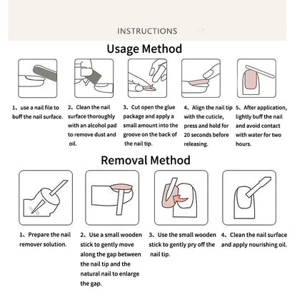 Instructions for usage and removal of a nail tip product on a white background.