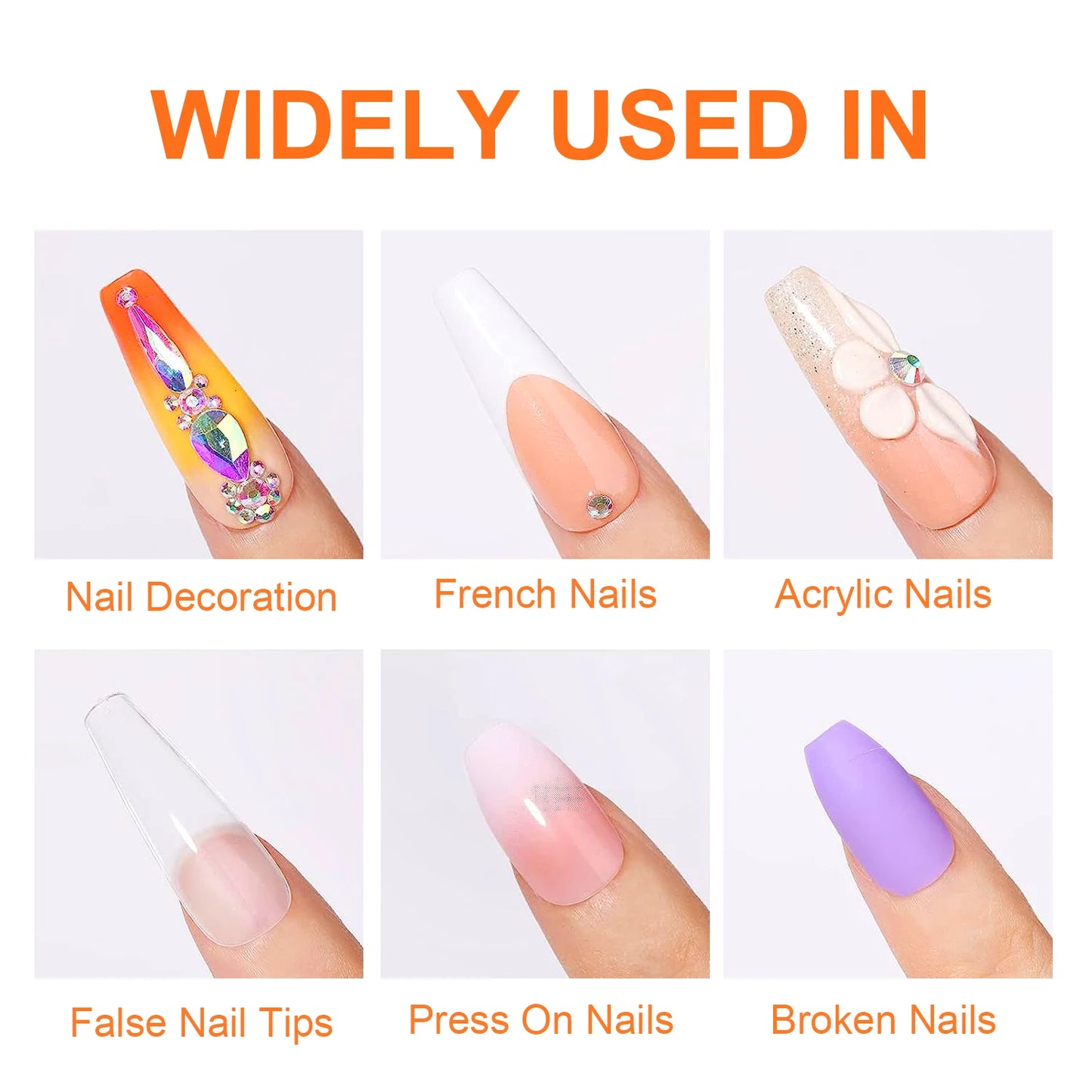 Nail care product application on various types of nails with text indicating uses.
