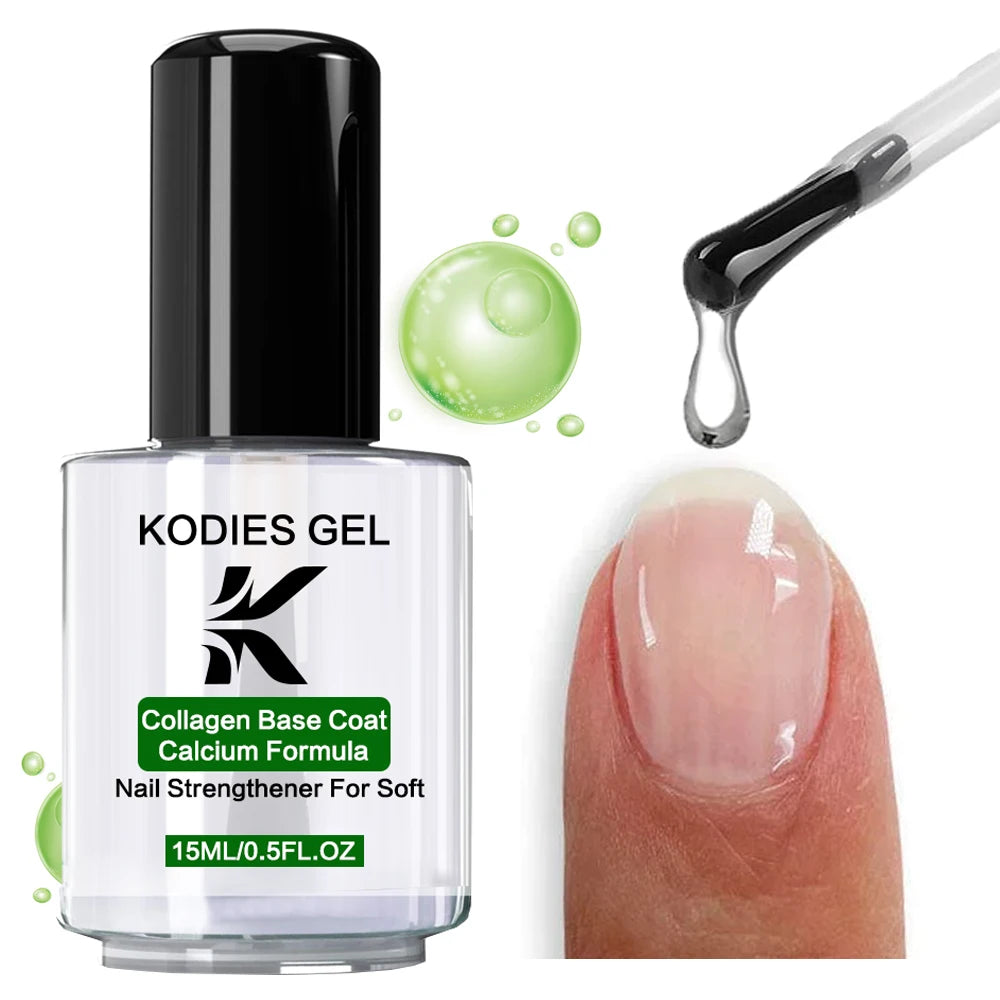 Kodies Gel nail product with a dropper and a close-up of a painted nail.