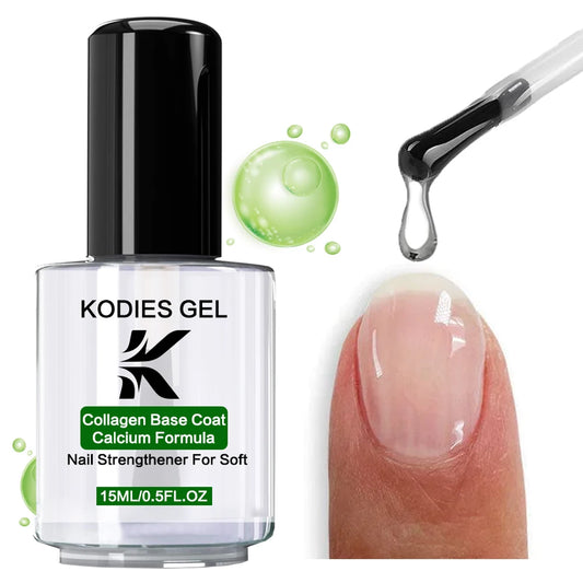 Kodies Gel nail product with a dropper and a close-up of a painted nail.