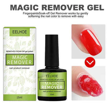 Eelhoe Magic Remover gel and packaging with a before-and-after nail color removal illustration.