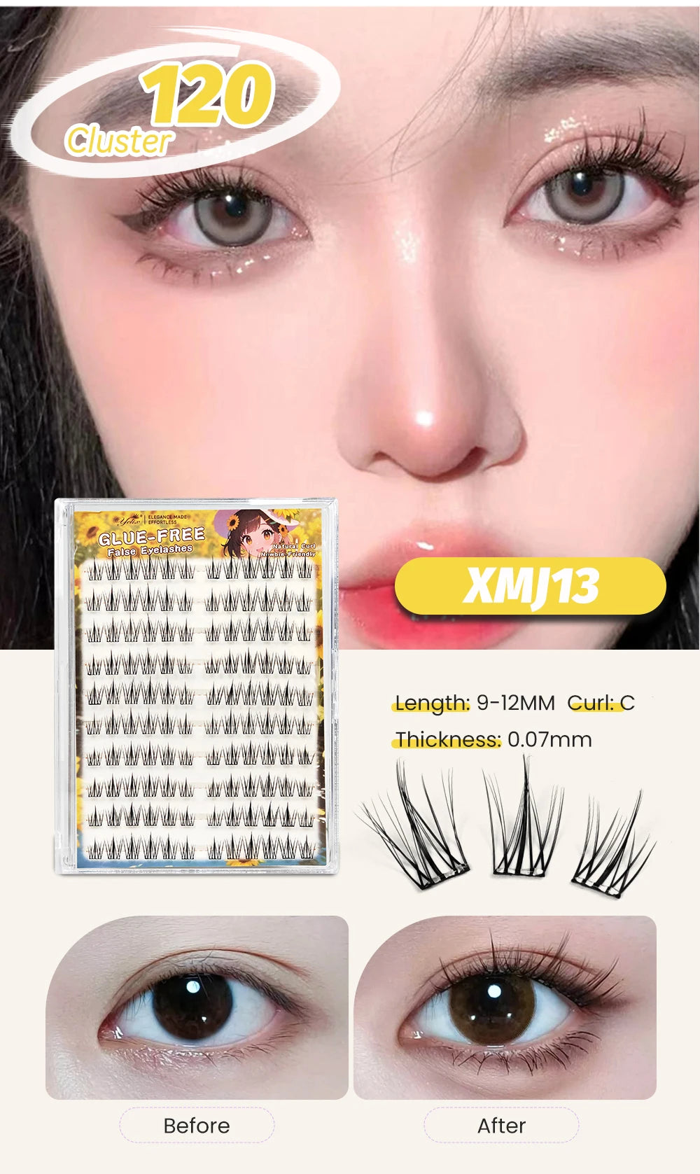Yelix Self Adhesive Korean Manga Style Cluster Lashes 10 Row Natural Soft