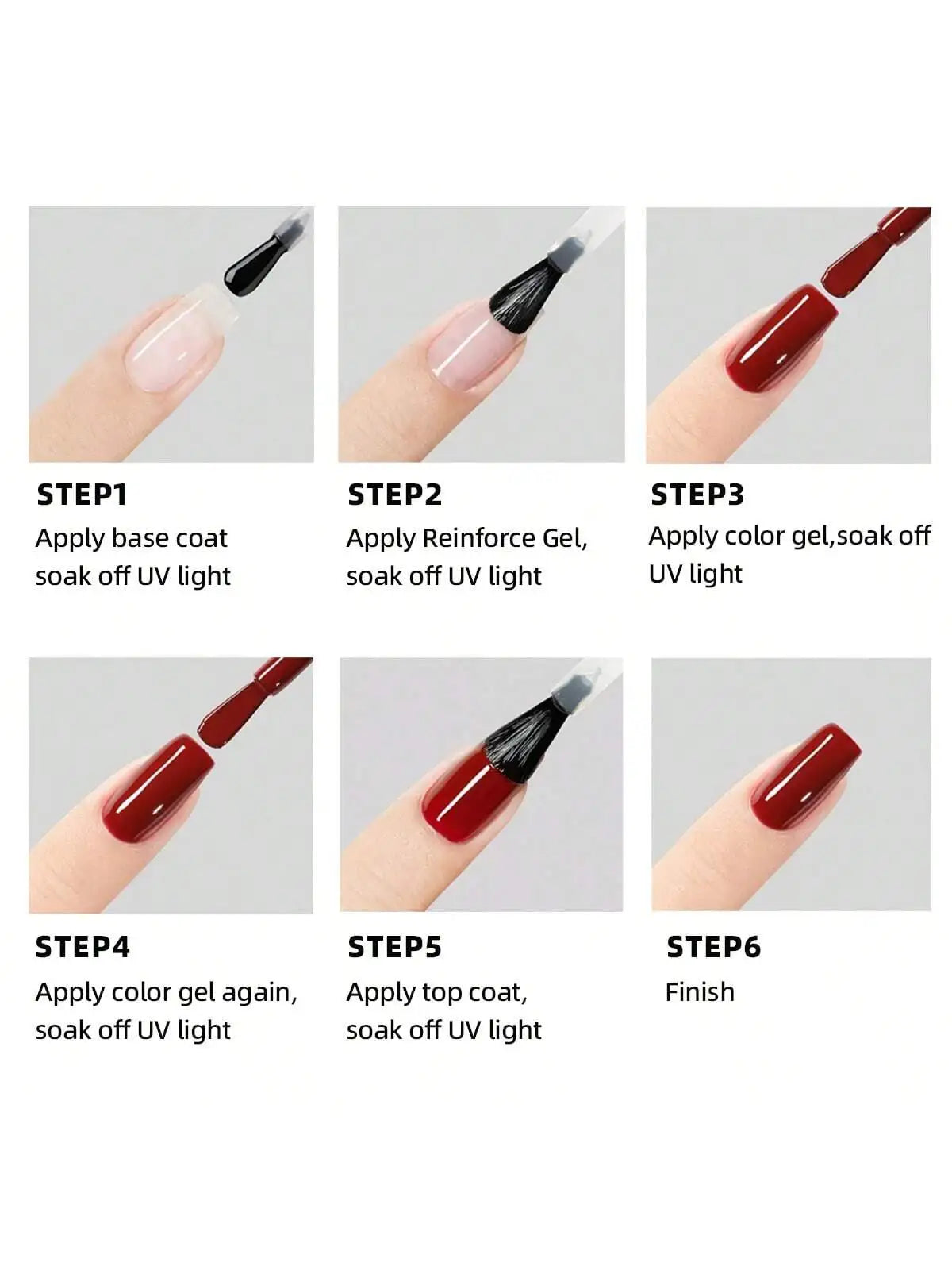 Step-by-step guide to applying nail polish with images of nails being painted.