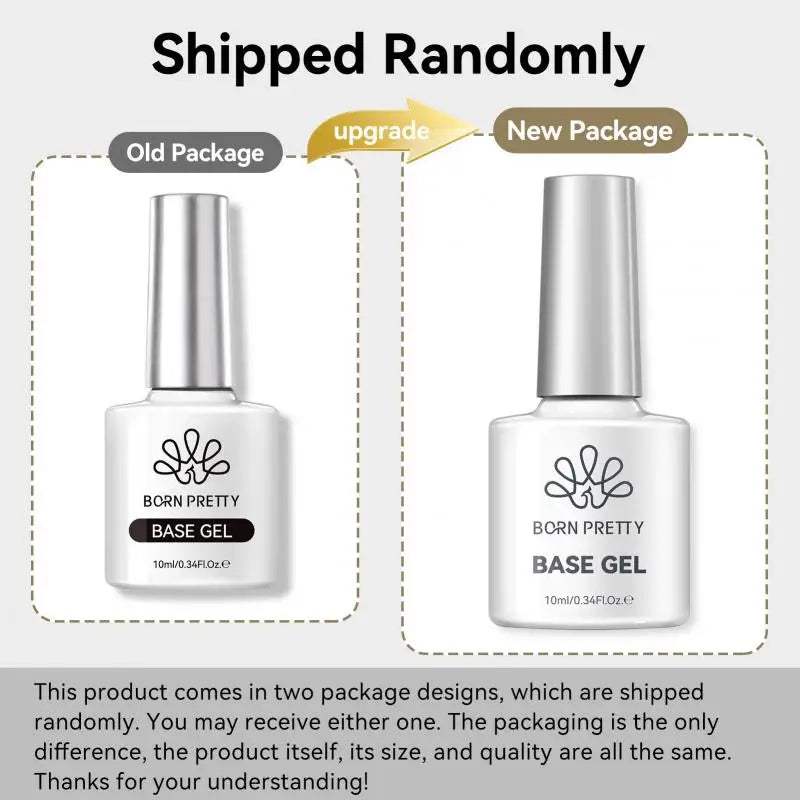 Comparison of 'Born Pretty' base gel packaging, old vs new, with text indicating randomness in shipment.