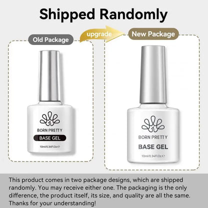 Comparison of 'Born Pretty' base gel packaging, old vs new, with text indicating randomness in shipment.