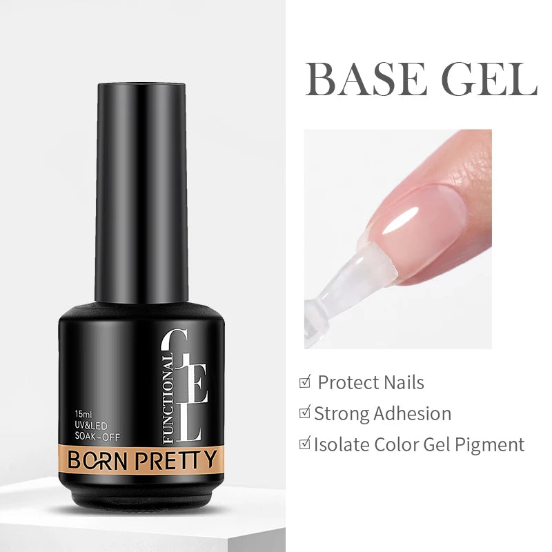 Born Pretty base gel bottle with a hand applying gel on a white background