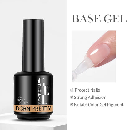 Born Pretty base gel bottle with a hand applying gel on a white background
