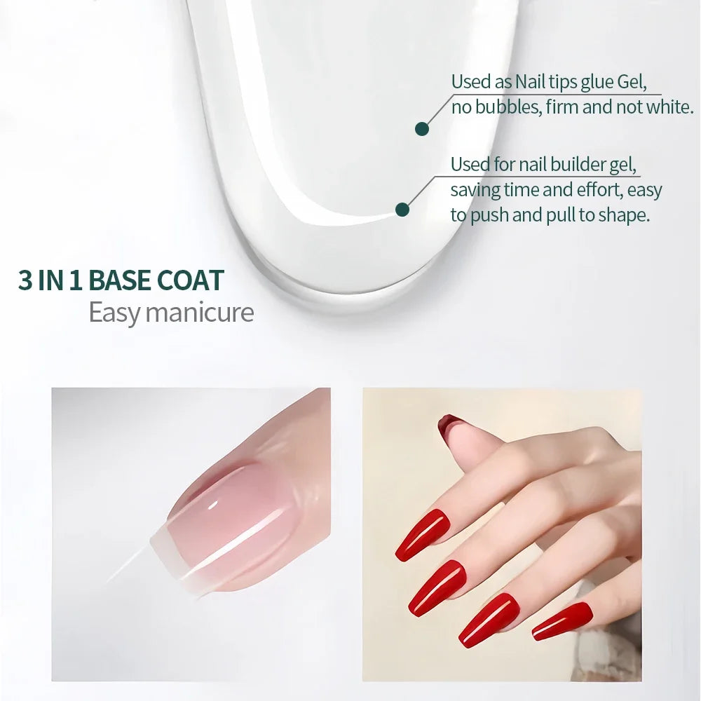 3-in-1 base coat product with nail application images and text on a light gray background