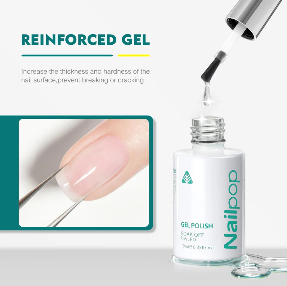 Nailpolish bottle with a dropper and text about reinforced gel for nails.