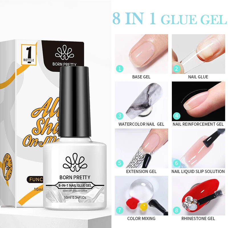 Born Pretty 8-in-1 glue gel set with packaging and application steps.