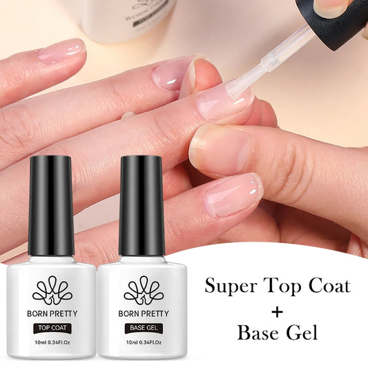 Person applying nail polish with 'Born Pretty' top coat and base gel bottles displayed.