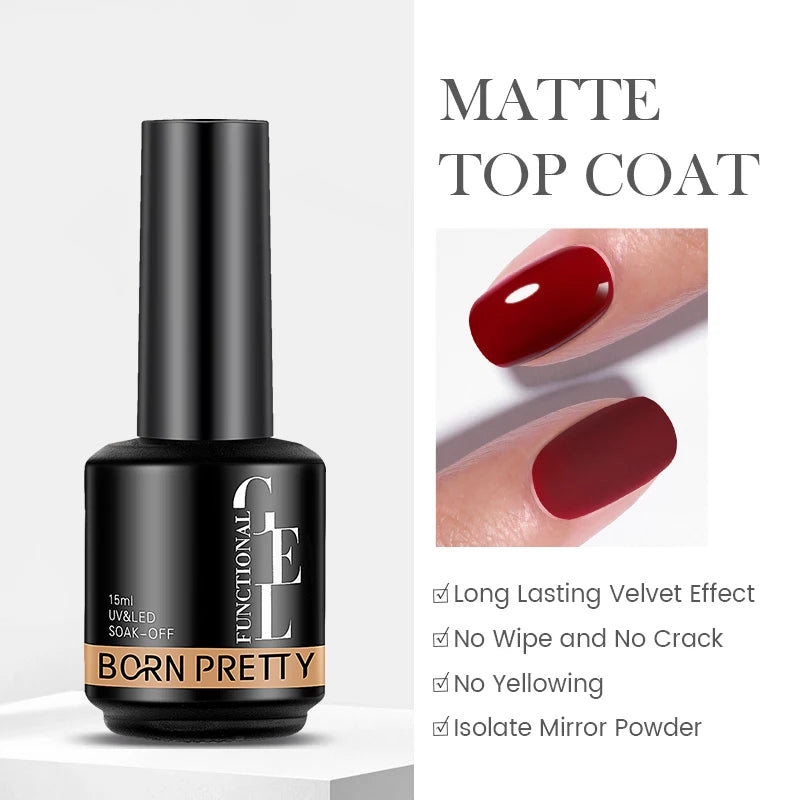 Black bottle of 'Born Pretty' gel polish with a red nail and text about product features.