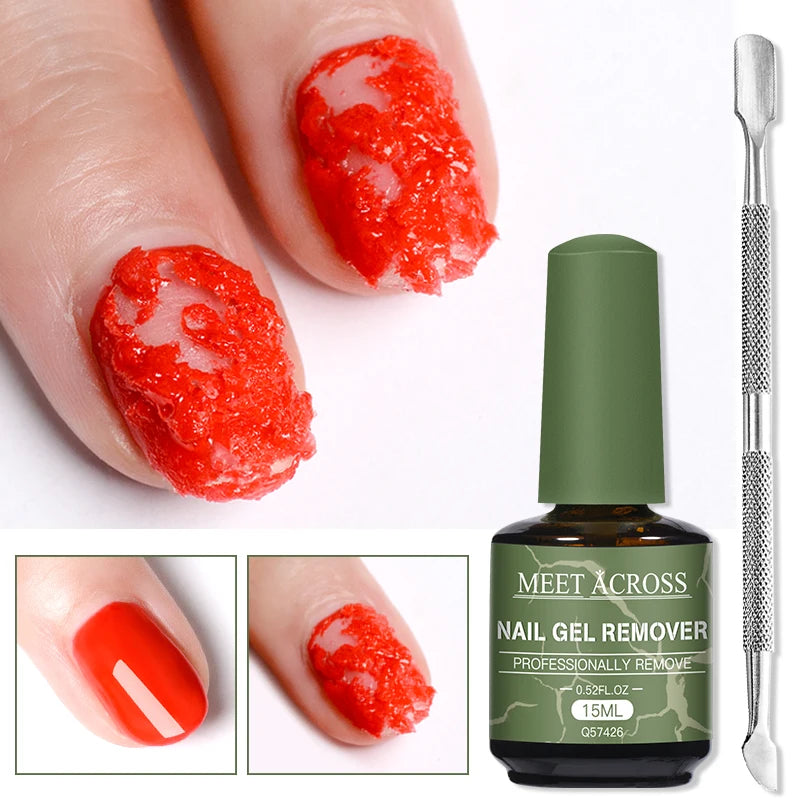 Nail gel remover bottle with a tool and close-up of red gel nails.