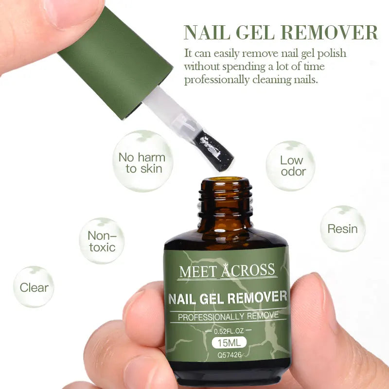 Nail gel remover bottle with dropper held by a hand, labeled 'Meet Across'.