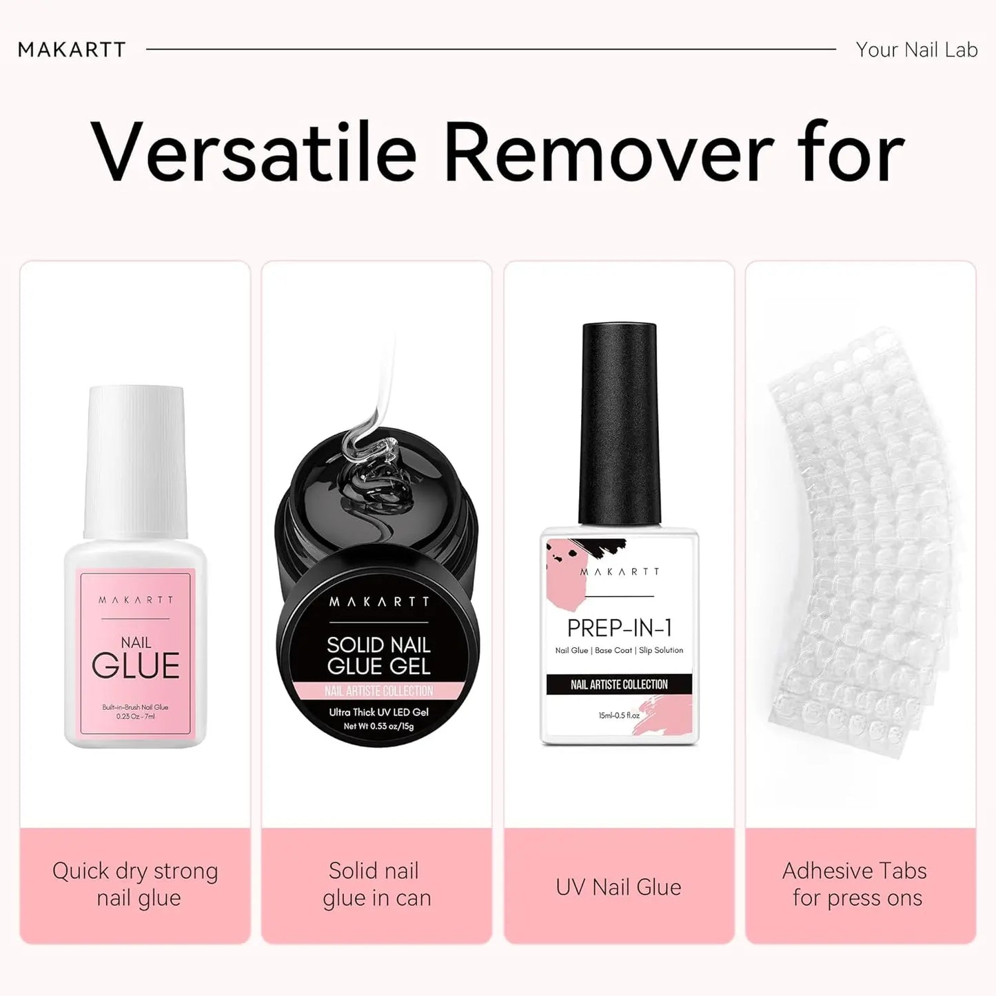Makartt nail care products including glue, glue gel, prep-in-1, and adhesive tabs on a white background.