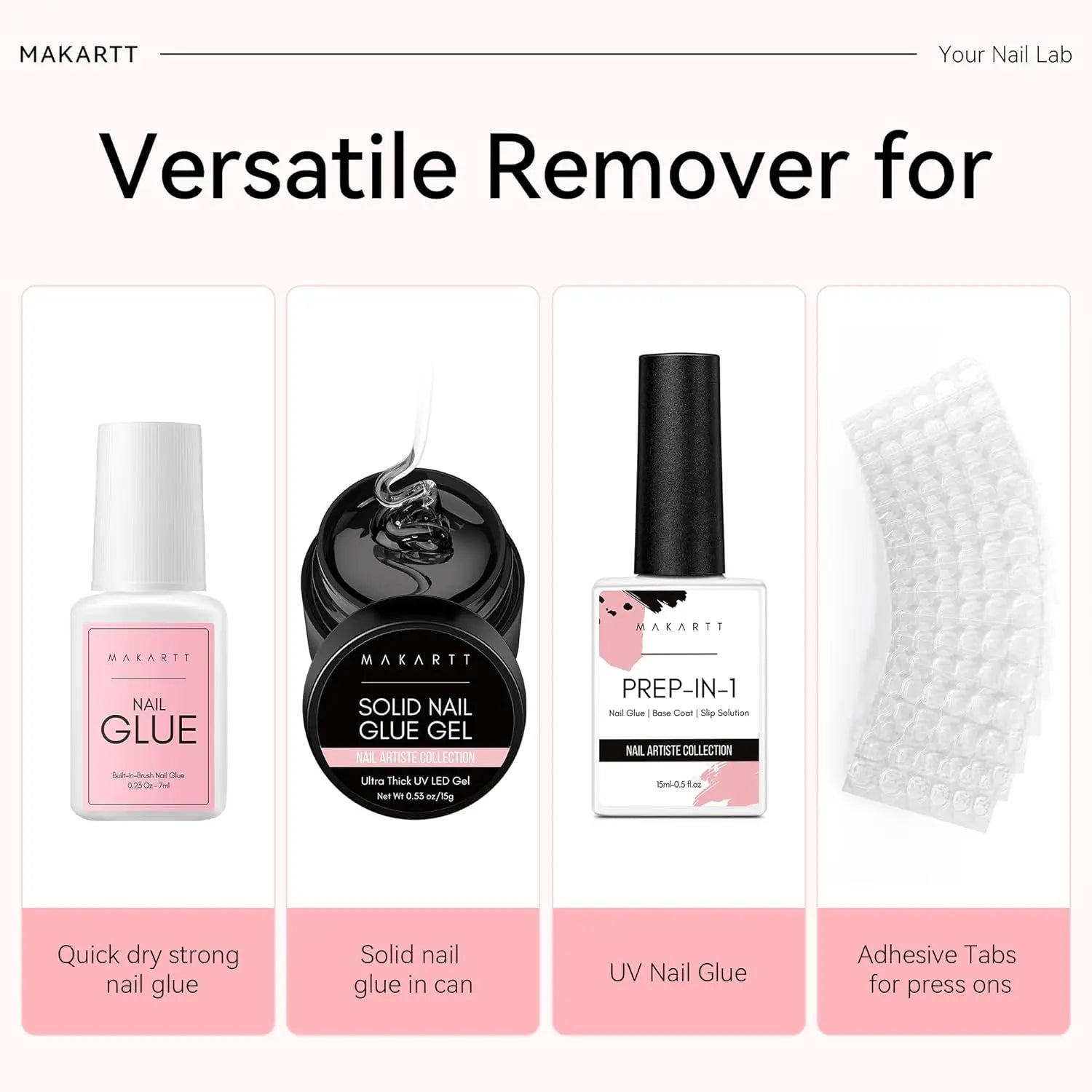 Makartt nail care products including glue, glue gel, prep-in-1, and adhesive tabs on a white background.