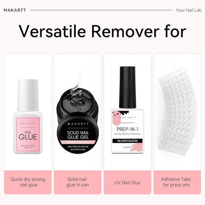 Makartt nail care products including glue, glue gel, prep-in-1, and adhesive tabs on a white background.