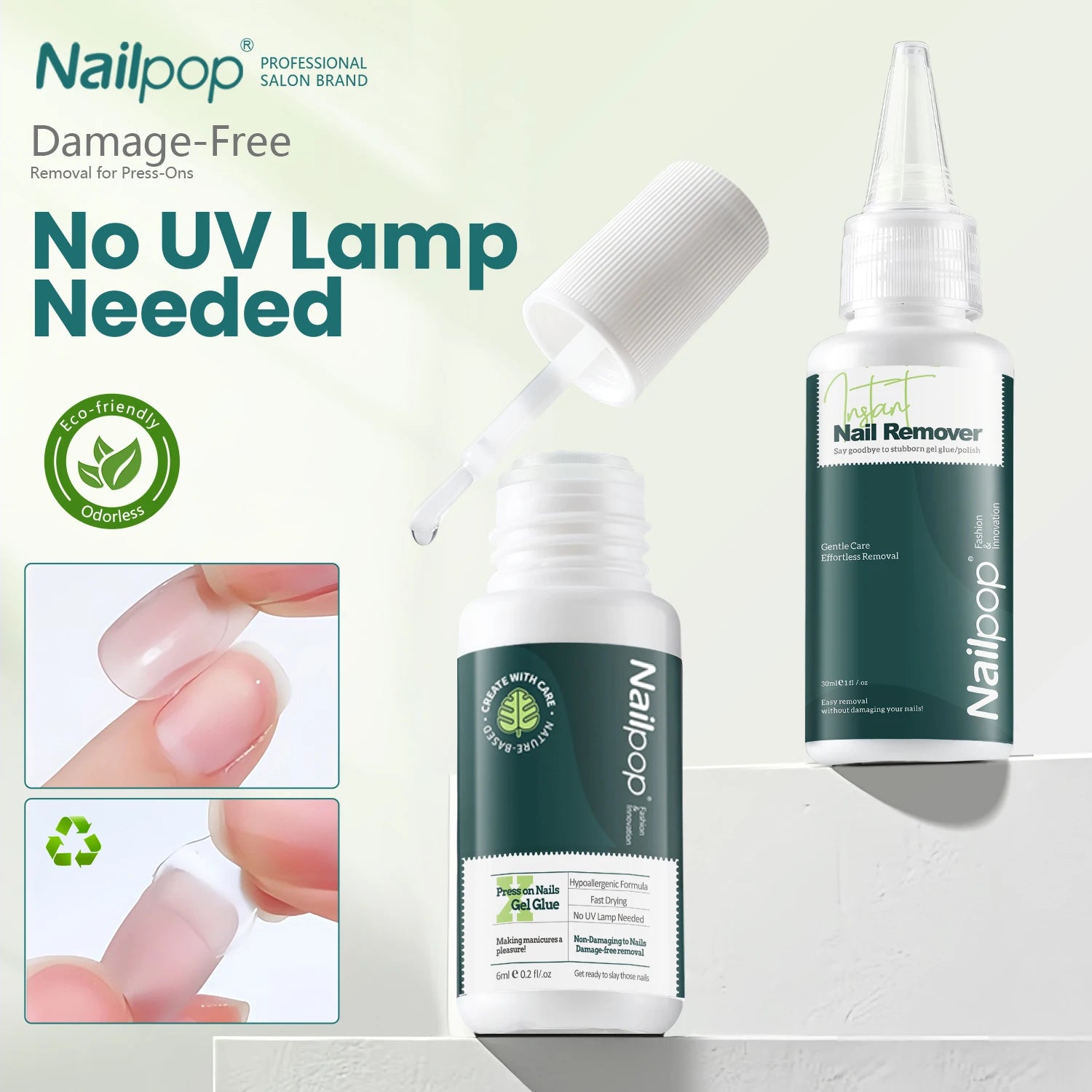 Nailloop nail remover bottles with 'No UV Lamp Needed' text and nail care images on a light green background.