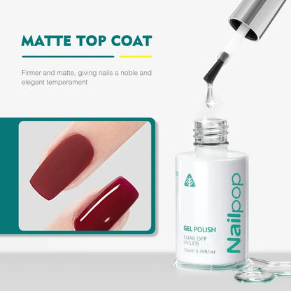 Nail polish bottle with a dropper and a close-up of a nail with red gel polish.