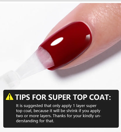 Nail with red polish and a white top coat, with text on tips for super top coat application.