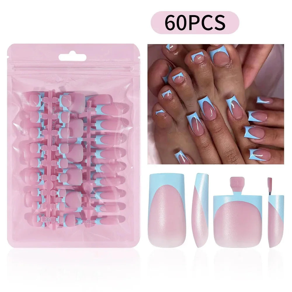 60 Piece Short French Tip Press On Toenails Multicolor Set