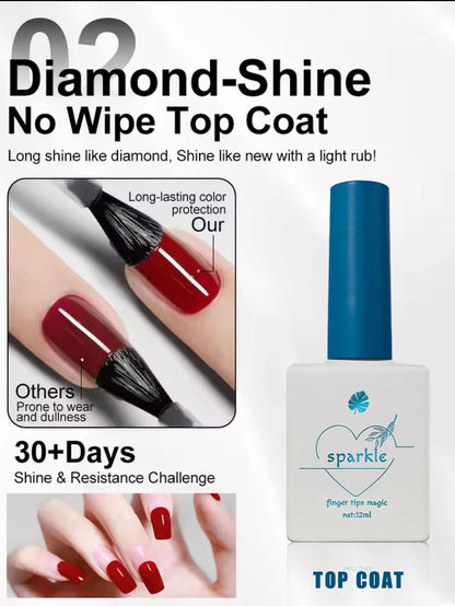 Advertisement for a diamond-shine no-wipe top coat with a bottle and nail application示例
