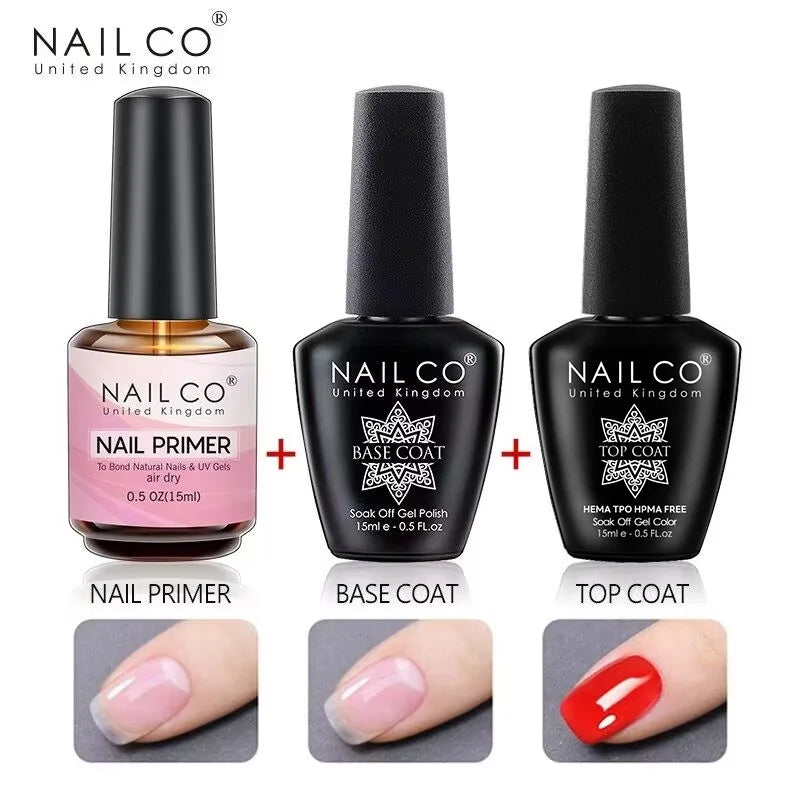 Nail Co nail polish bottles with primer, base coat, and top coat on a white background.