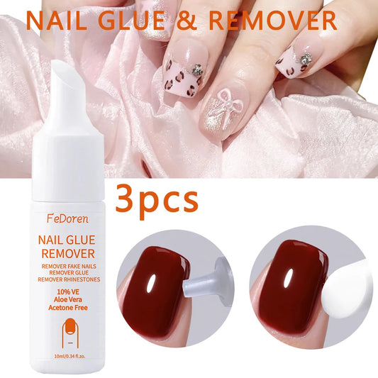 FeDoren nail glue remover with a close-up of hands with decorated nails and a bottle of the product.