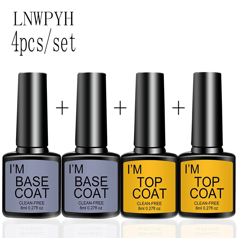 Set of four nail polish bottles labeled 'Base Coat' and 'Top Coat' on a white background.