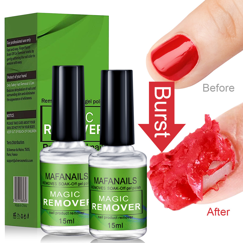 Mafanails Magic Remover bottles with packaging and a before-and-after image of red nail polish.