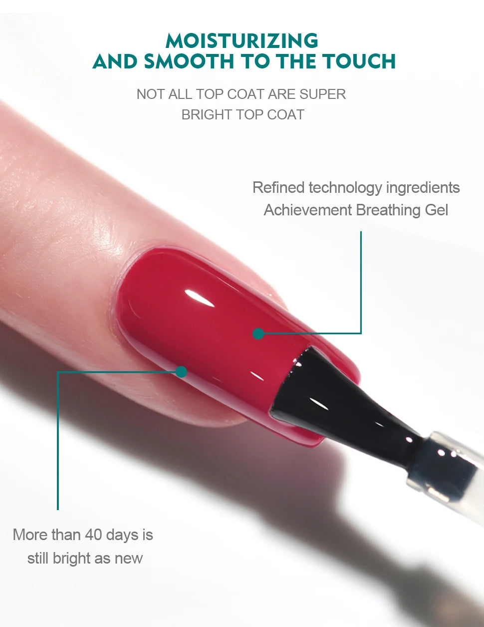 Nail polish application with text highlighting moisturizing, smooth finish, and long-lasting properties.