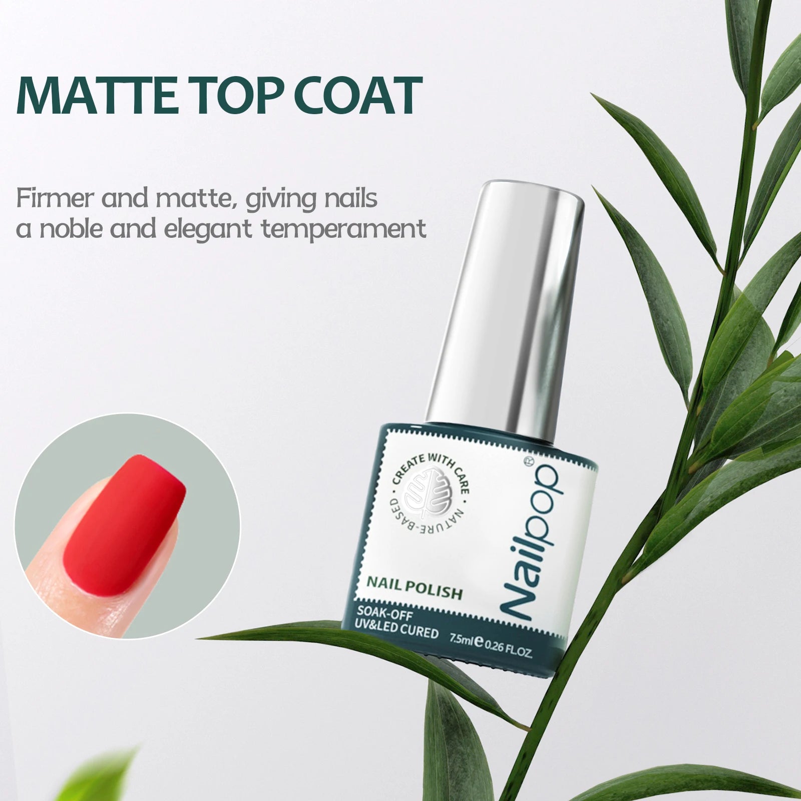 Nail polish bottle with red nail and green leaves on a light background